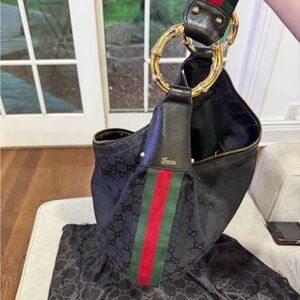 Gucci Black canvas hobo shoulder bag with Red and Green webbing